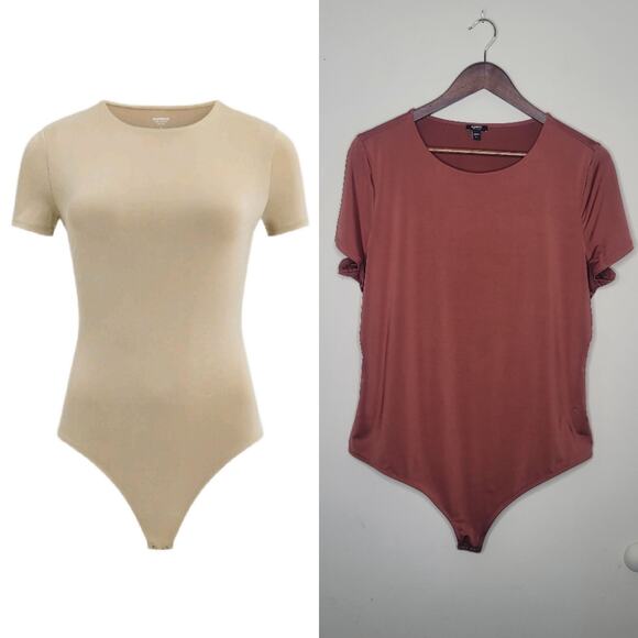 Express XL Brown Body Contour Compression Crew‎ Neck Short Sleeve Bodysuit - Picture 1 of 10
